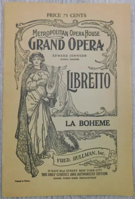 Metropolitan Opera House Grand Opera La Boheme Libretto VTG Program Booklet 1917