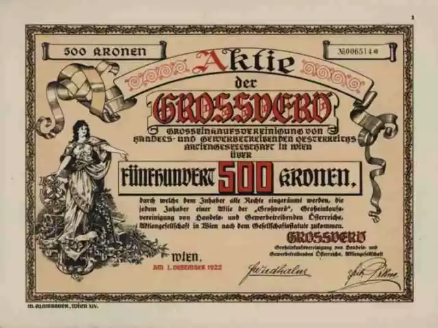 GROSSVERÖ Großeinkaufsvereinigung Gewerbetreibende 1922 Wien Österreich 500 Kr.