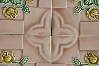 4 Pc Vintage Liberty Mark Flower & Checks Embossed Ceramic Tiles , Japan 2