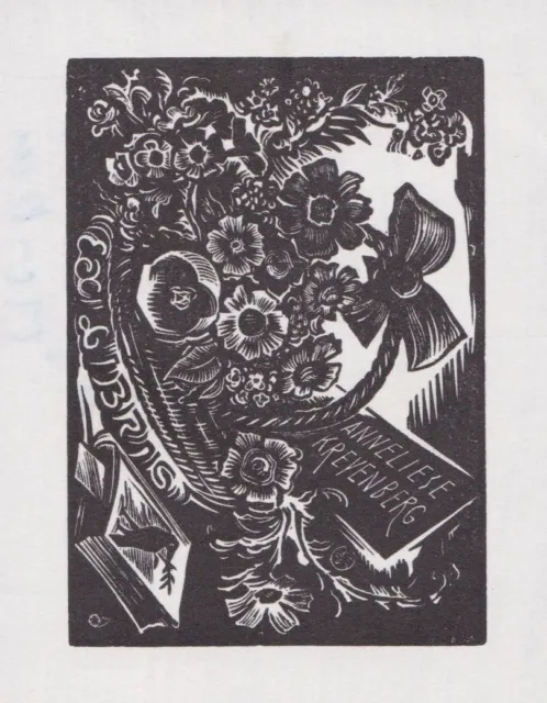 Exlibris für Anneliese Krevenberg / Blumenkorb flower basket Buch book crow