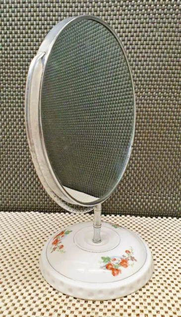 Ancien Petit Miroir Rotatif Sur Pied en Porcelaine Blanc Florale Vintage Déco