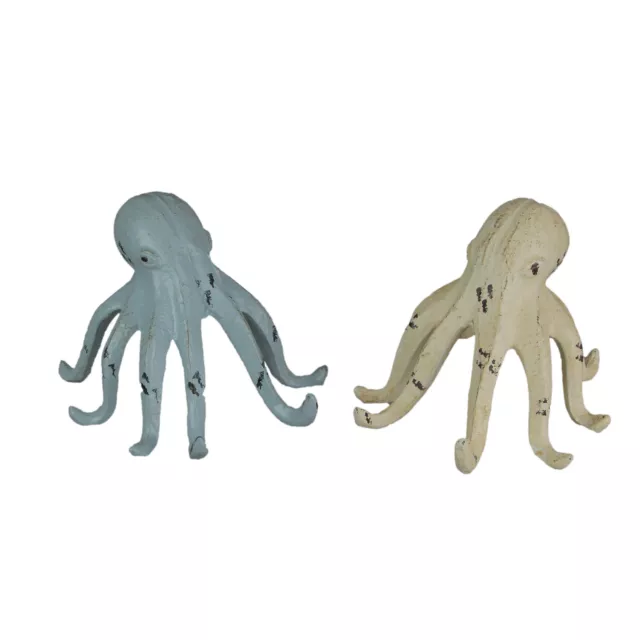 Set of 2 Weathered Cast Iron Octopus Tabletop Statues Light Blue and White