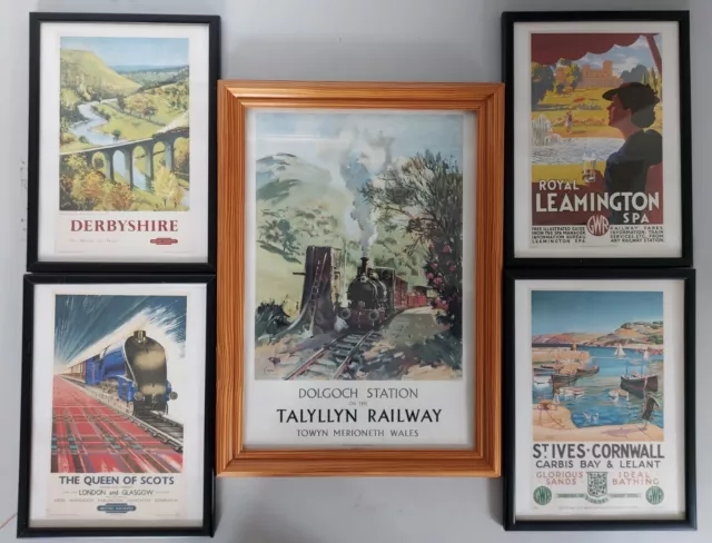 Retro Railway Travel Prints Framed x5 Derbyshire Cornwall Leamington Spa Glasgow