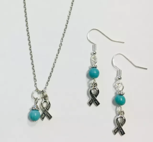 Teal Blue Ribbon Ovarian Cancer Awareness Necklace & Earring Set FREE SHIPPING