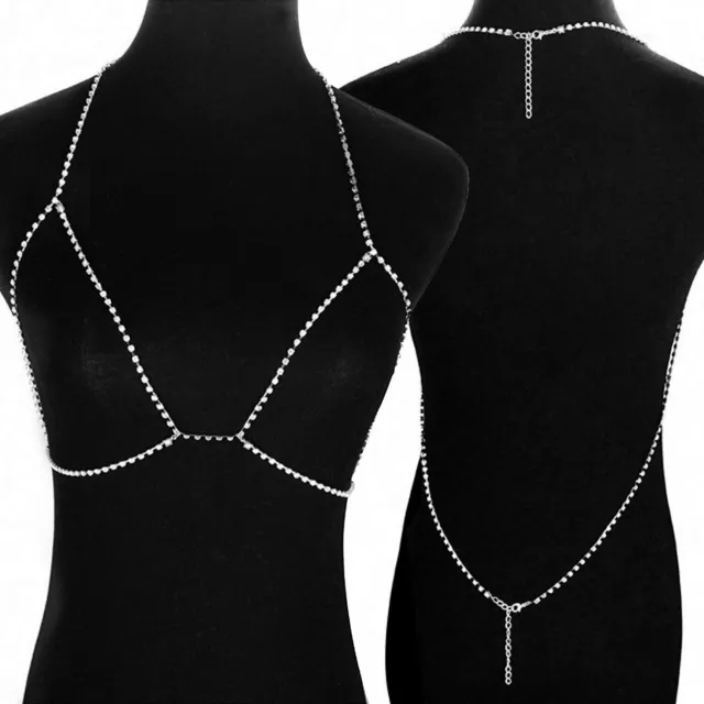 Sexy Rhinestone Body Chain Bra Chest to Lower Back Lingerie Metallic Silver