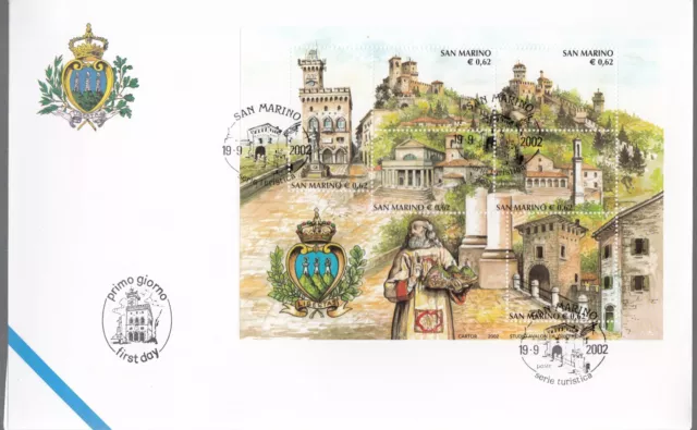 SAN MARINO BUSTONE UF. POSTE FDC 2002 FOGLIETTO SERIE TURISTICA Annullo SPECIALE