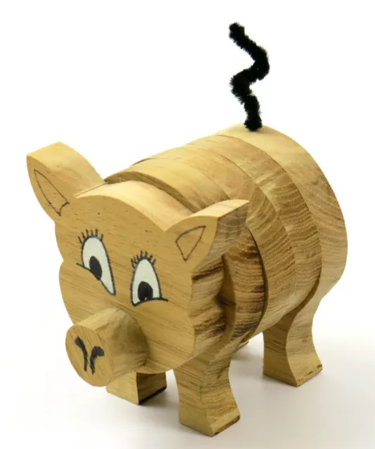 Wooden Pig Figurine, Crafty Folk Art Hand Made with Curly Tail