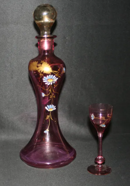 ancienne carafe et verre Legras verre soufflé émaillé violet fleurs fin XIX ème