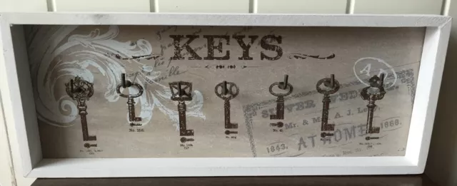 House Car 7 Key Hooks Wood Framed Style Wall Hanging White Chic Shabby Hall