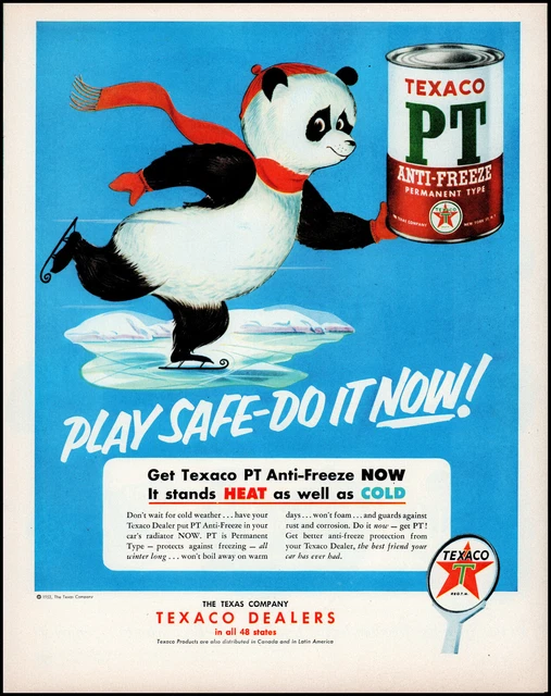 1953 TEXACO DEALERS ice skating Panda PT antifreeze retro art print ad