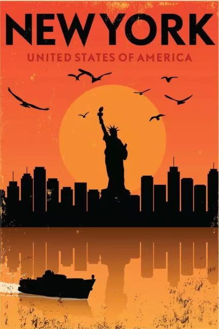 New York USA Sunset Retro Travel Laminated Dry Erase Sign Poster 24x36