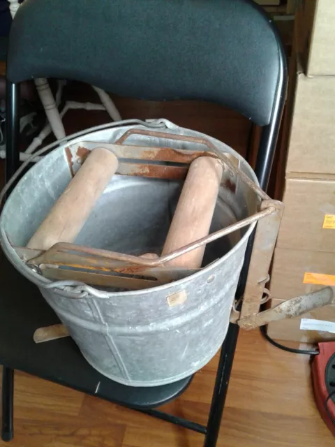 Vintage galvanized tin metal Wash Bucket Metal Mop Wringer Wood Roller