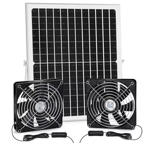 Solar Dual Fan Kit for Intake or Exhaust air, 25W Solar Panel Solar 2 fan kit