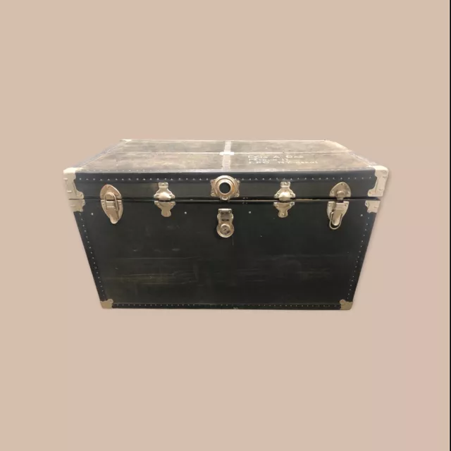Large Black Antique Steamer Trunk Chest, Metal and Leather Industrial 2