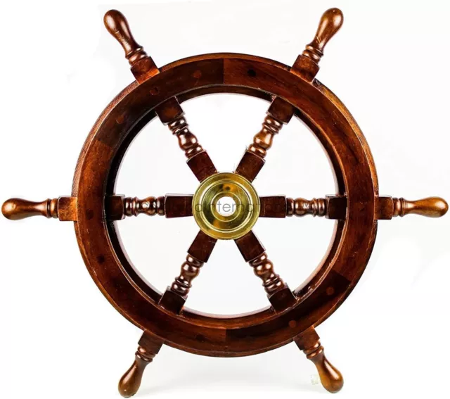 Nagina International Wooden Rosewood Ship Steering Wheel Wall Hanging 18", Brown