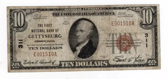 1929 Ty. I $10 The First National Bank of Gettysburg, Pennsylvania Charter 311