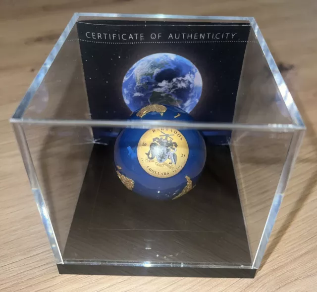 Münze Blue marble 3 oz 5 $ 24k Gold Plating 3D BlauerPlanet Barbados Silber 2021