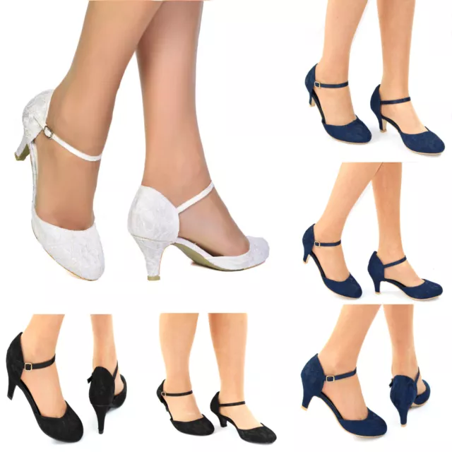 Ladies Lace Embellished Low Heel Ankle Strap Full Toe Shoes Wedding Sizes 3-8