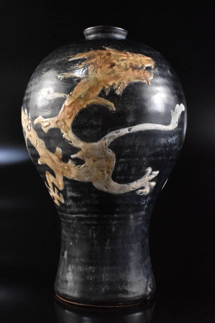 M720:XF Korean Li Dynasty Black glaze Dragon Muffle painting FLOWER VASE Ikebana