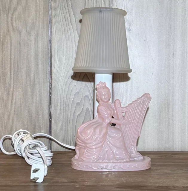 Vintage Depression Pink Glass Boudoir Table Lamp Victorian Lady w/ Harp -Tested
