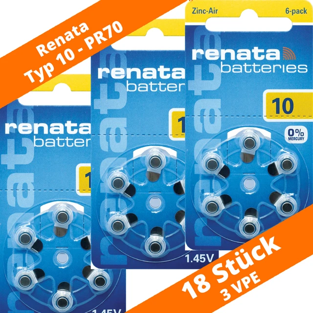 18 x Baterías de audífonos Renata PR70 amarillo 10 PR70 3 x 6 blíster NUEVO 1,45V