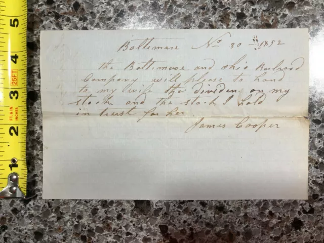 Nov. 30, 1852 Baltimore and Ohio Railroad Stock Dividends Letter James Cooper