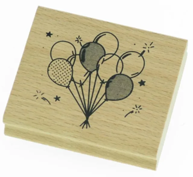 Stylised PARTY BALLOONS Rubber Ink Stamp on Beech Wood Block - Free UK P&P