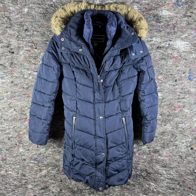 Tommy Hilfiger Jacket Womens XS Faux Fur Trim Hooded Puffer Coat Navy Blue