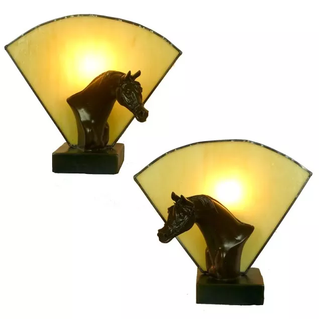 Pair Of Horse Art Deco Table Lamps With Amber Glass - Will Ship Australia Wide 2