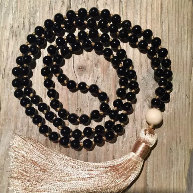 8mm Natural Black Onyx 108 Beads Tassel bracelet Fashion Enthusiasts Zen