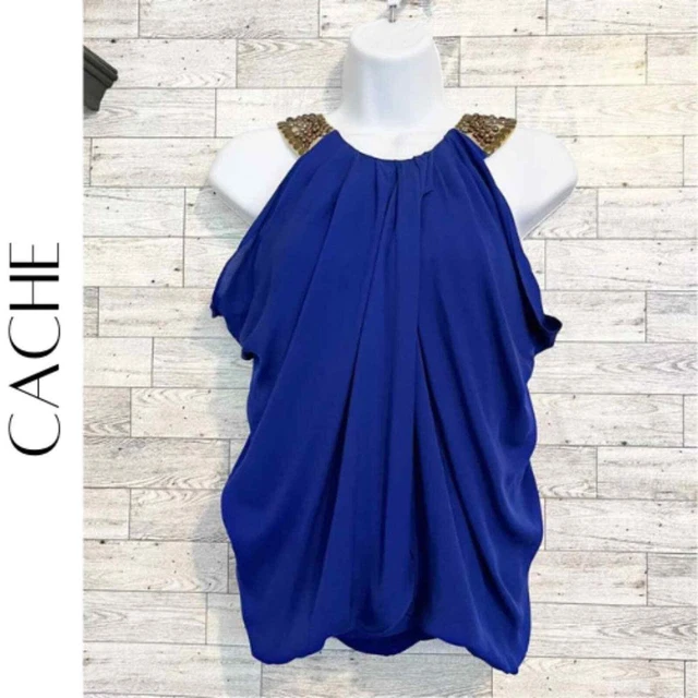 CACHE Blue Beaded Sleeveless Silk Blouse, XS