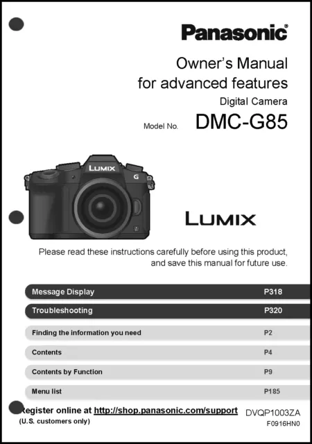 Panasonic Lumix DMC-G85 Advanced Camera User Guide Instruction Manual