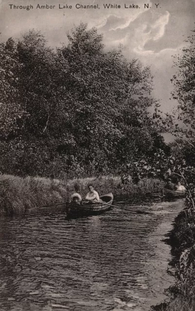 Vintage Postcard Through Amber Lake Canoeing Channel White Lake New York NY