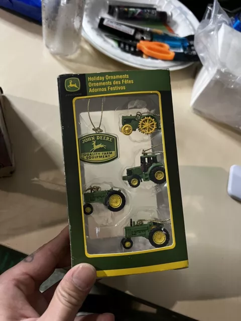 John Deere Tractor Holiday Ornaments Enesco Mini Tractors and Hat - New