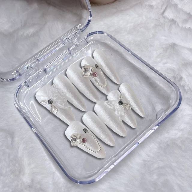 Hecho a mano Uñas Falsas Brillo Blanco Ataúd Prensa en Uñas para Arte en Uñas 10 PIEZAS