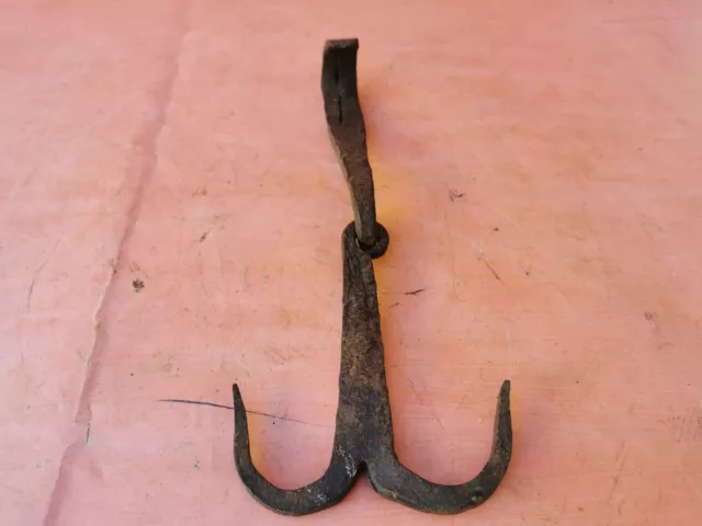 ANTIQUE VERY RARE OLD HAND FORGED WROUGHT IRON HOOK HANGER 19th