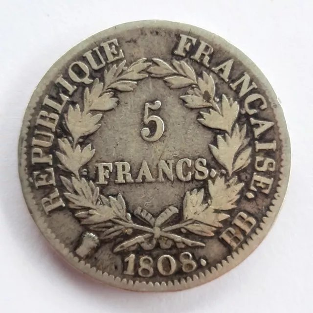 Napoléon Ier - 5 francs - 1808-BB  Strasbourg - 68134 exemplaires . Rare monnaie