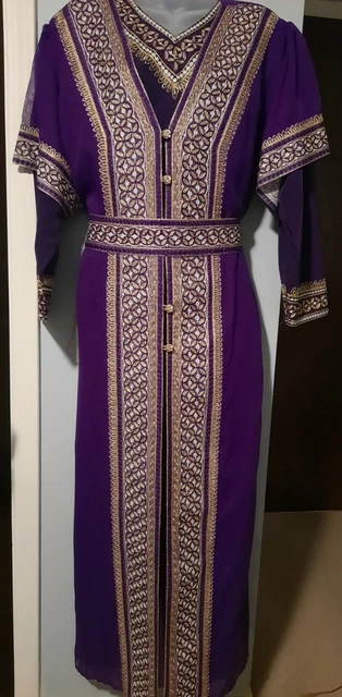 MUSLIM MOROCCAN kaftan dress 3 pc Dubai Abaya embroidered Women purple 2xl +