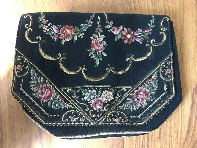 antique black needlepoint tapestry evening bag/ purse with hand/clutch strap