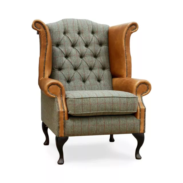 Chesterfield Queen Anne Wing Back Chair In Green Harris Tweed & Vintage Leather