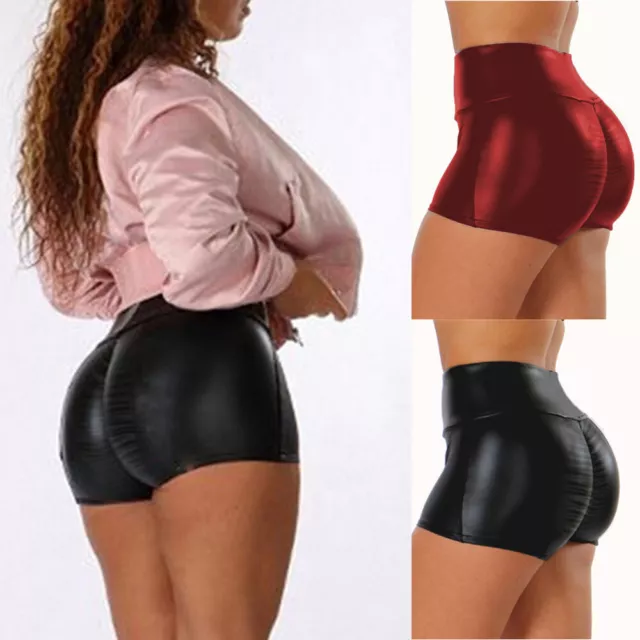 Women Sexy Stretch Hot Pants Clubwear PU Leather Wet Look High Waist Shorts