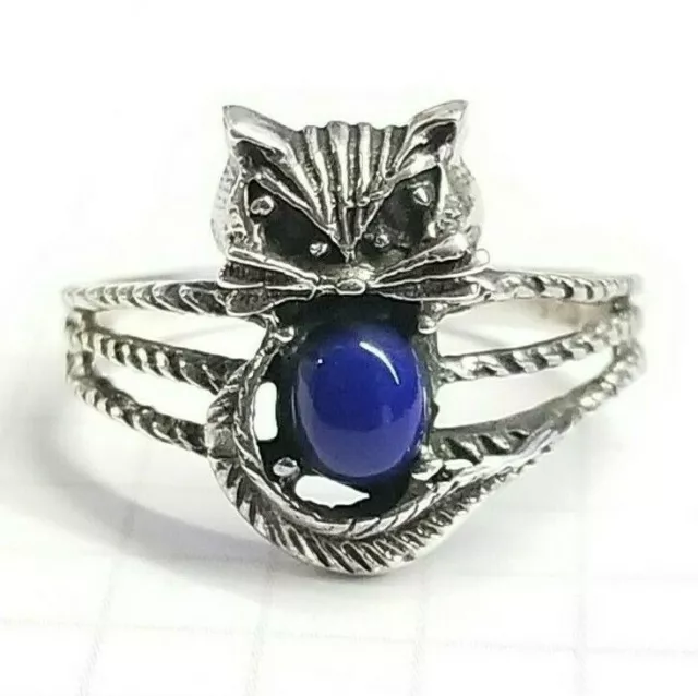 (Size 5,6,7,8,9) Lapis Lazuli Stone Kitty Cat Ring .925 Sterling Silver