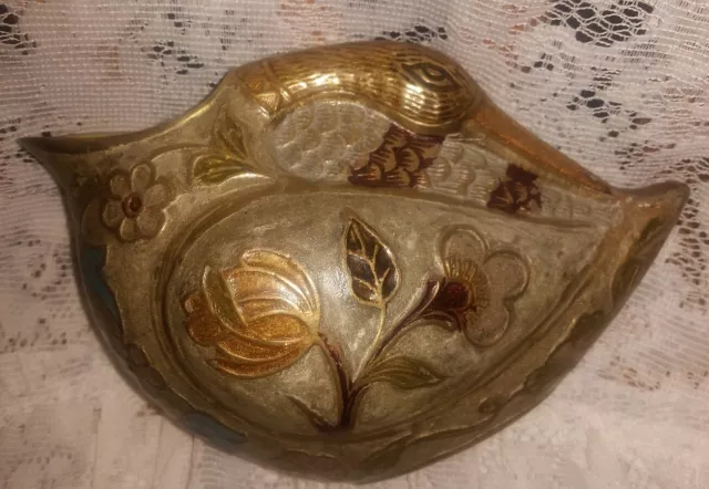 Vintage Brass Swan w/ Painted Enamel Raised Ornate Flowers ~ Beautiful ~ Heavy