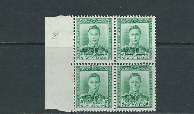 Nuova Zelanda 1938-44 KGVI (Scott 226 1/2d Verde ) Piastra Numero Blocco Di 4