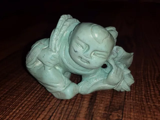 Antique 19th Century Chinese Carved Turquoise Buddha Statue Figure - 141 Carat