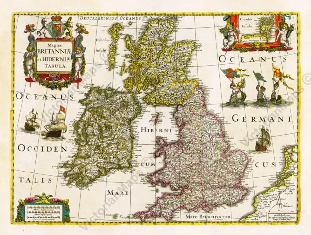 Great Britain Ireland Scotland Wales British Isles map Hondius 1638 art poster