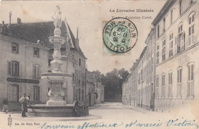 Carte postale ancienne TOUL fontaine curel magasin HUNZIKER dentiste timbré 1920