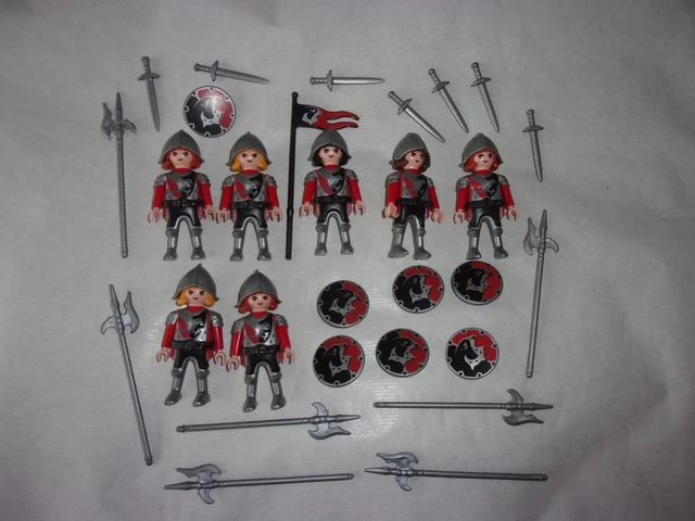 Lot De Playmobil  * 7 Chevaliers Du Faucon Rouge Et Noir + Accessoires *