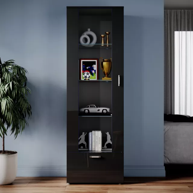 High Gloss Black Tall Display Cabinet Cupboard Storage Sideboard with LED Lights