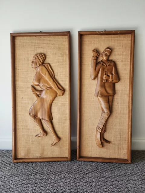 Two Mid Century Timber Framed Wall Hangings 70's 60's